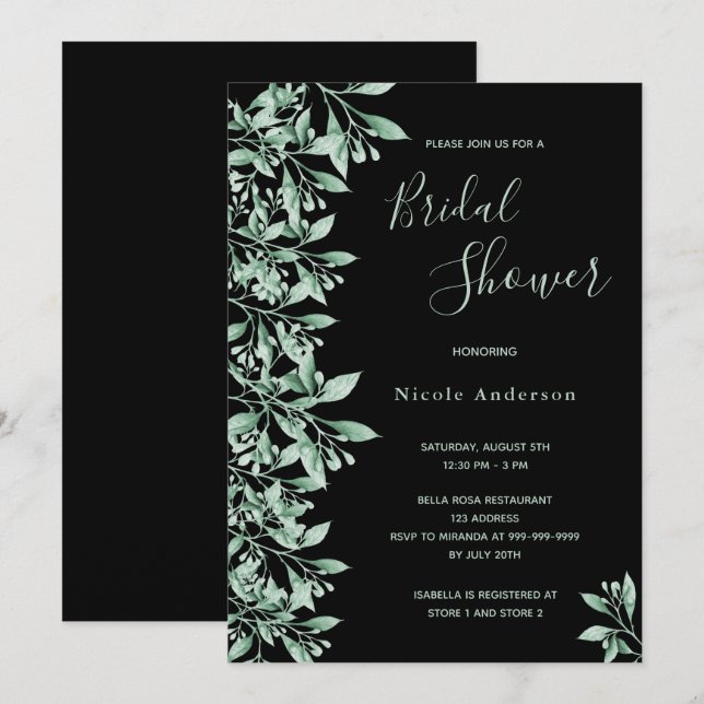 Black green botanical script Bridal Shower Invitation (Front/Back)