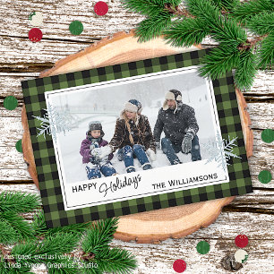 Black Green Buffalo Lumberjack Plaid & Snowflakes Holiday Card