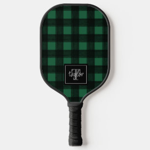 Black & Green Buffalo Plaid Check Monogram Initial Pickleball Paddle