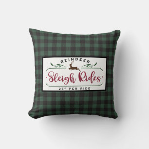 Black Green Buffalo Plaid - Reindeer Sleigh Ride Throw Pillow