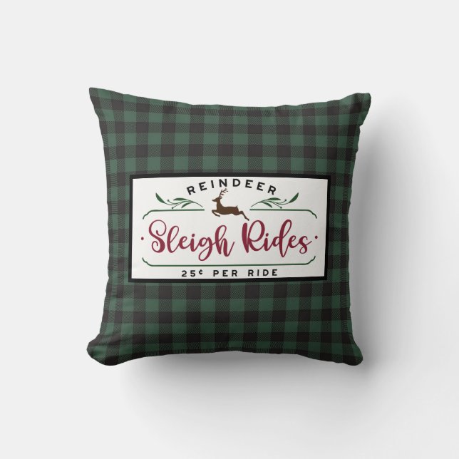 Black Green Buffalo Plaid - Reindeer Sleigh Ride Throw Pillow (Front)
