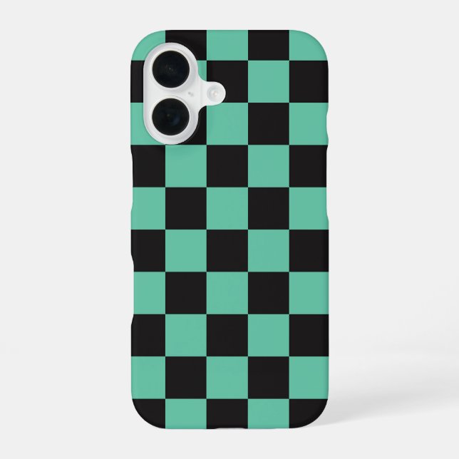 Black Green Chequered Chequerboard Anime Style iPhone 16 Case (Back)