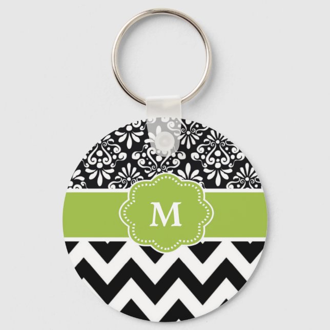 Black Green Chevron Personalized Keychain (Front)
