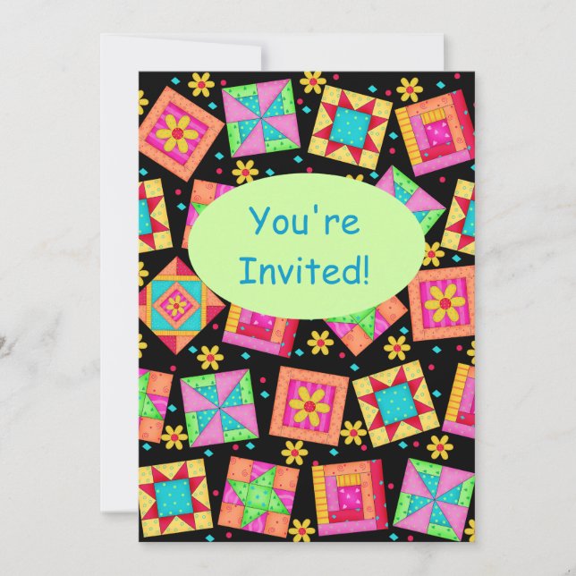Black Green Colourful Patchwork Quilt Block Art Invitation (Front)