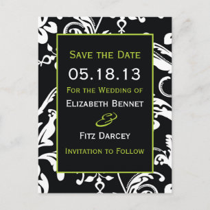 Black & Green Contemporary Damask Save the Date Announcement Postcard