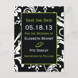 Black & Green Contemporary Damask Save the Date Announcement Postcard