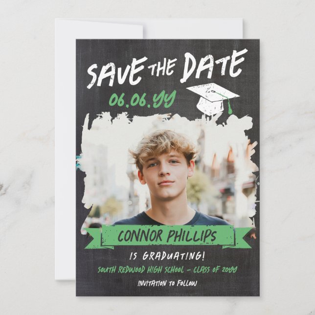 Black Green Cool Chalk Photo Graduation Save The Date (Front)