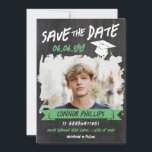 Black Green Cool Chalk Photo Graduation Save The Date<br><div class="desc">Cool graduation save the date card with a printed chalkboard background and a cool chalkboard font with a green banner and white graduation cap in a distressed look. Add a photo of the graduate inside a brush stroke frame. Distressed chalkboard graduation save the date card personalized with a photo and...</div>