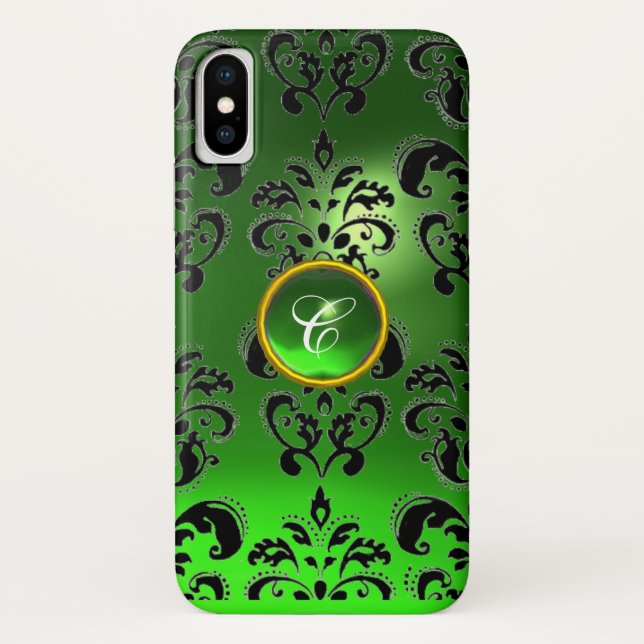 BLACK GREEN DAMASK EMERALD GEM MONOGRAM Case-Mate iPhone CASE (Back)