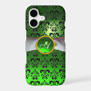BLACK GREEN DAMASK GEM ONOGRAM  white ribbon