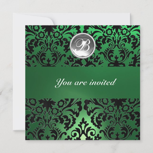 BLACK & GREEN DAMASK GEM STONE MONOGRAM white ice Invitation (Front)
