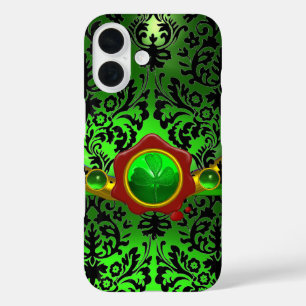 BLACK GREEN DAMASK,SHAMROCK,RED WAX SEAL MONOGRAM iPhone 16 CASE