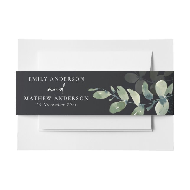 BLACK GREEN EUCALYPTUS FOLIAGE WATERCOLOR WEDDING INVITATION BELLY BAND (Front Example)