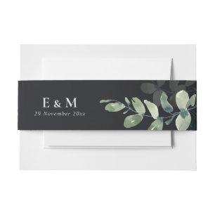 BLACK GREEN EUCALYPTUS WATERCOLOR MONOGRAM WEDDING INVITATION BELLY BAND
