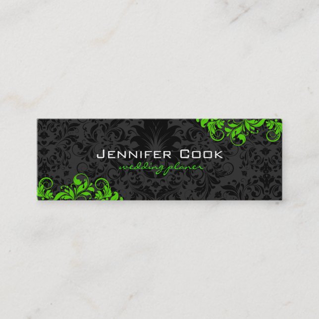 Black & Green Floral Damasks 4 Wedding Planner Mini Business Card (Front)