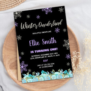 Black Green Floral Winter ONEderland Invitations