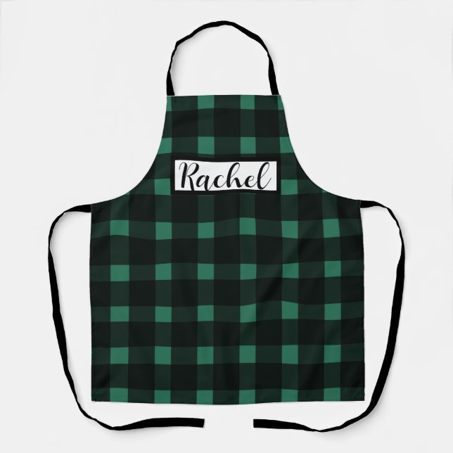 Black Green Gingham Personalized Apron (Front)