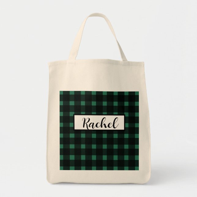 Black Green Gingham Personalized  Tote Bag (Front)