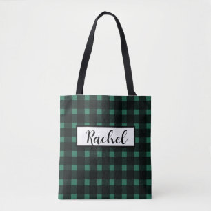 Black Green Gingham Personalized  Tote Bag