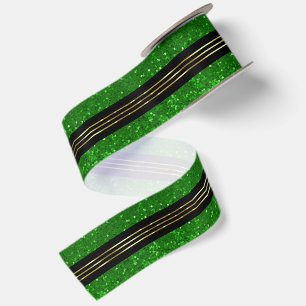 Black Green Glittery Background Shiny Gold Stripes Satin Ribbon