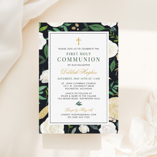Black Green Gold Floral Watercolor First Communion Invitation (Creator Uploaded)