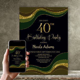 Black Green Gold Glitter 40th Birthday Party Invitation