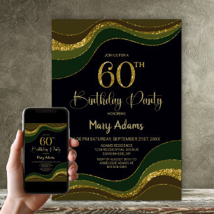Black Green Gold Glitter 60th Birthday Party Invitation
