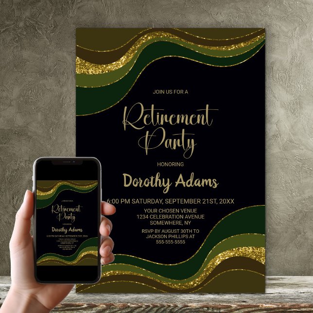 Black Green Gold Glitter Retirement Party Invitation (Creator Uploaded)