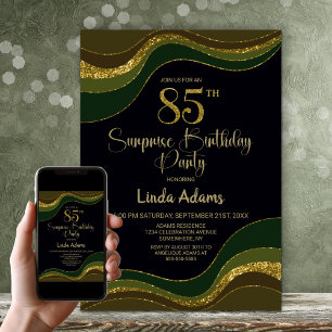 Black Green Gold Glitter Surprise 85th Birthday Invitation