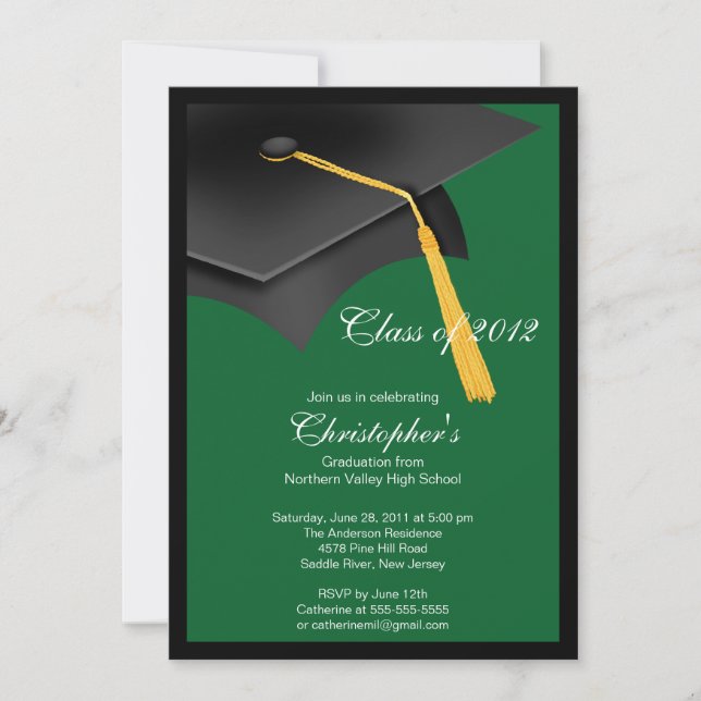 Black Green Grad Cap Graduation Party Invitation (Front)