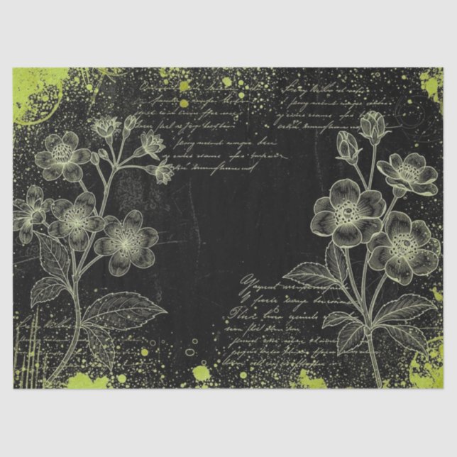 Black & Green Hand-Drawn Floral Script Decoupage  Tissue Paper (Front)