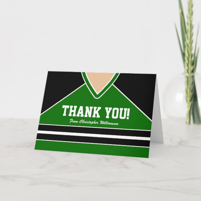 Black/Green Hockey Jersey Thank You Card (Front)