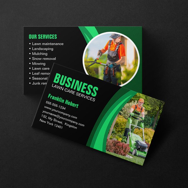 Black & Green Lawn Care Landscaping Mowing Business Card (Creator Uploaded)