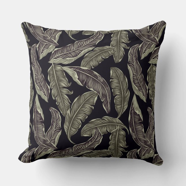 Black Green Leaf Designer Pillow (Front)