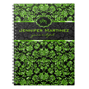 Black & Green Metallic Floral Damasks Monogram Notebook
