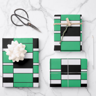 Black Green Mid Century Geometric Pattern Wrapping Paper Sheet