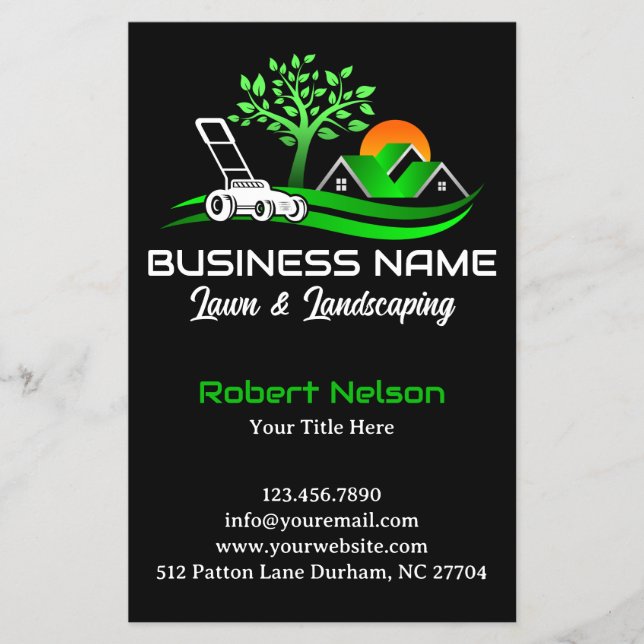 Black Green Modern Lawn Care Landscaping Business Flyer (Front)