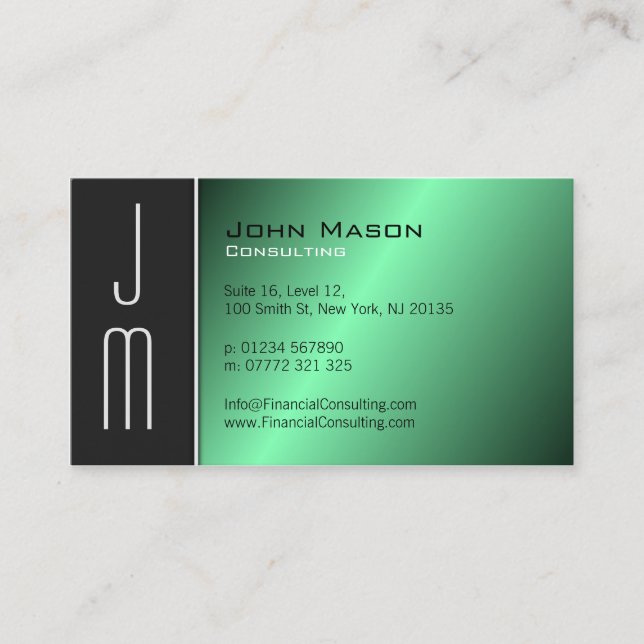 Black Green Monogram Professional Business Card (Front)