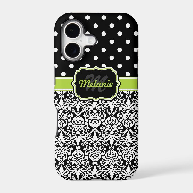 Black Green Monogrammed Damask Polka Dots Pattern (Back)