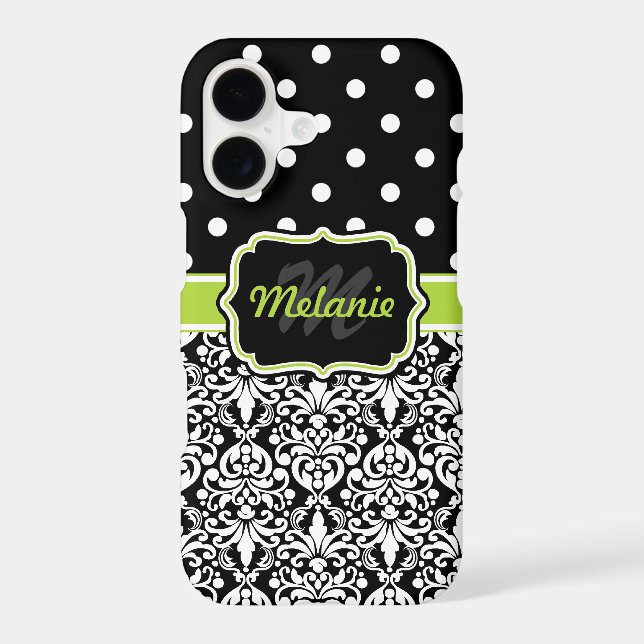 Black Green Monogrammed Damask Polka Dots Pattern (Back)