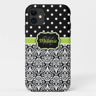 Black Green Monogrammed Damask Polka Dots Pattern iPhone 11 Case