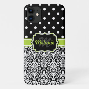 Black Green Monogrammed Damask Polka Dots Pattern iPhone 11 Case