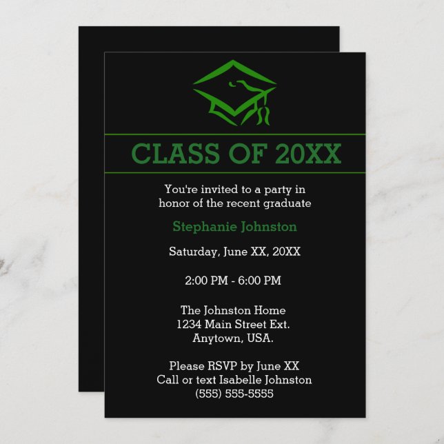 Black Green Mortarboard Simple Graduation Party Invitation (Front/Back)