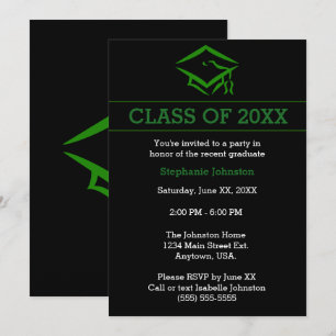 Black Green Mortarboard Simple Graduation Party Invitation