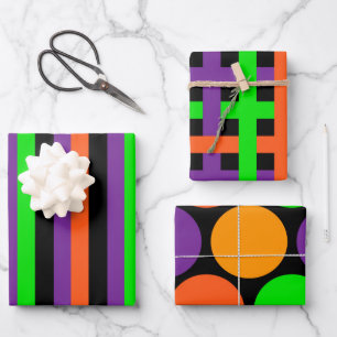 BLACK GREEN ORANGE PURPLE HALLOWEEN PATTERN WRAPPING PAPER SHEET