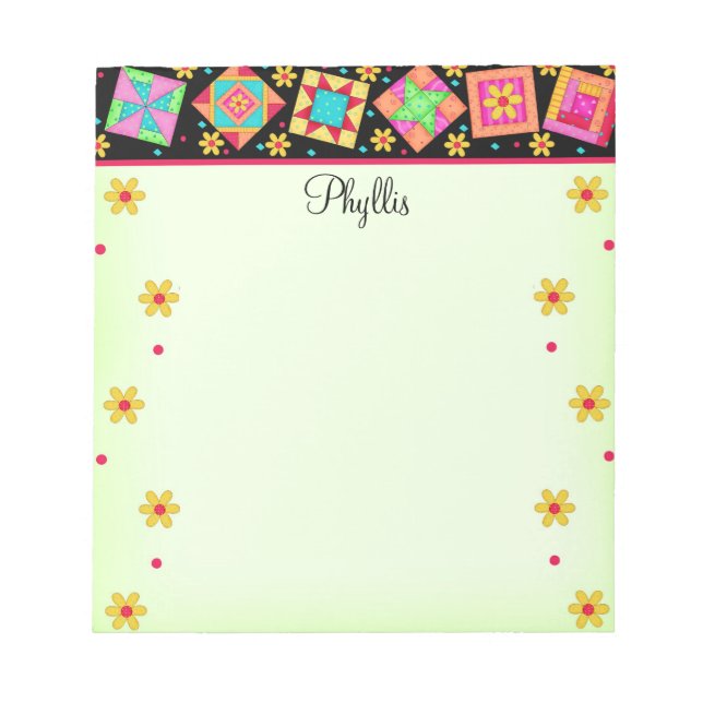Black Green Patchwork Quilt Block Art Notepad (Front)