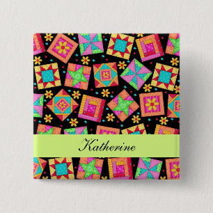 Black Green Patchwork Quilt Blocks Name Badge 2 Inch Square Button