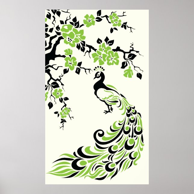 Black green peacock and cherry blossoms poster (Front)