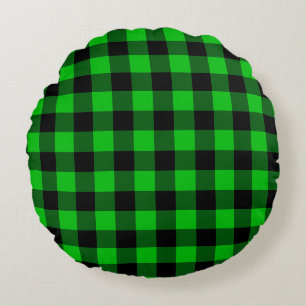 Black & Green Plaid Checked Round Pillow