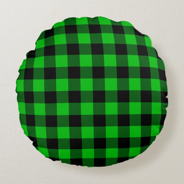 Black & Green Plaid Checked Round Pillow (Front)